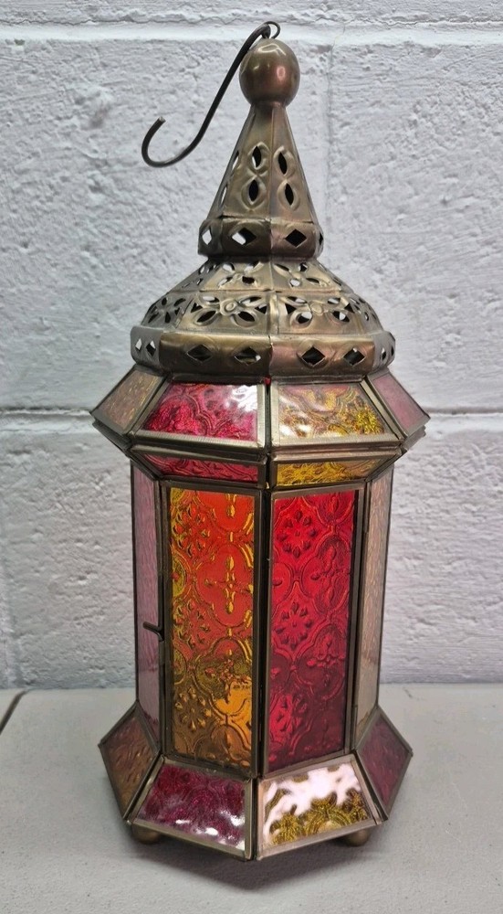 Ramadan Lantern Brass Finish Stained Glass Red Yellow 13″ Moroccan Hanging Lamp