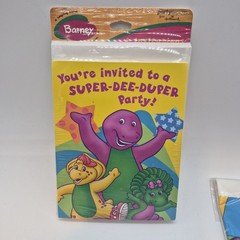 Vintage Barney Party Supplies-Tablecloth 54×102 & 8 pk Invitations Baby Bop BJ