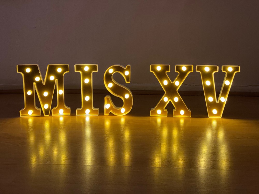 8.5″ Tall Gold Color Letter Mis XV Light Up LED Sign for Quinceanera Party Decor