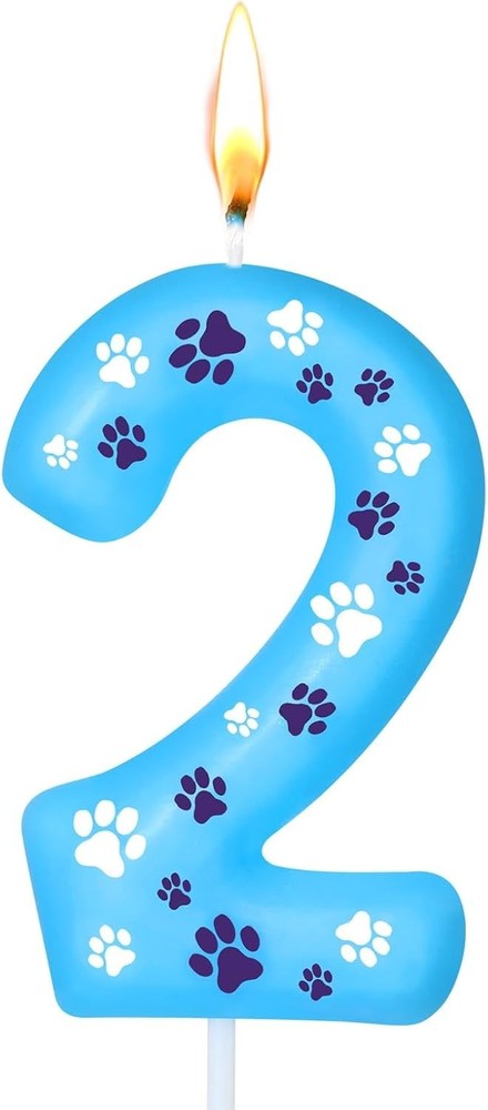 Number 2 Blue Dog Paw Birthday Candles Numeral Cake Topper blue, white