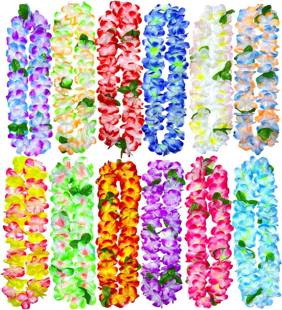 12 Counts Hawaiian Leis for Luau Party Supplies, Tropical Flower Lei Decorations