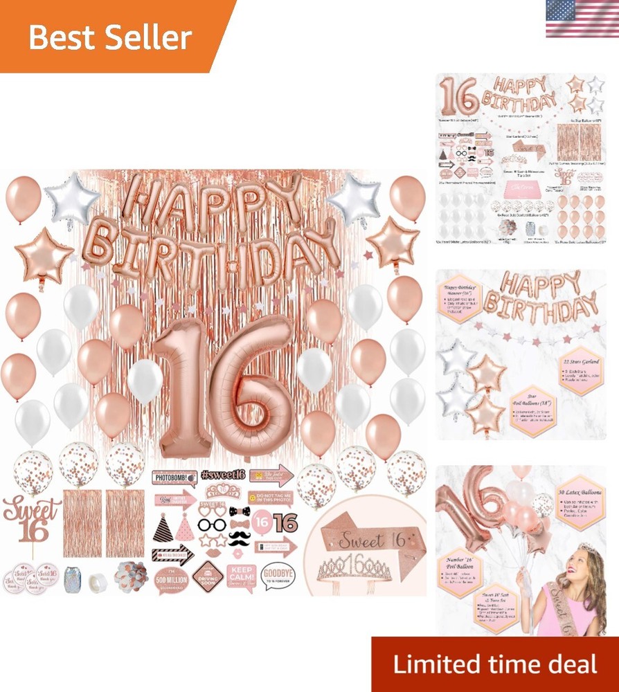 Complete Sweet 16 Rose Gold Party Package: Balloons, Props & Backdrops Included