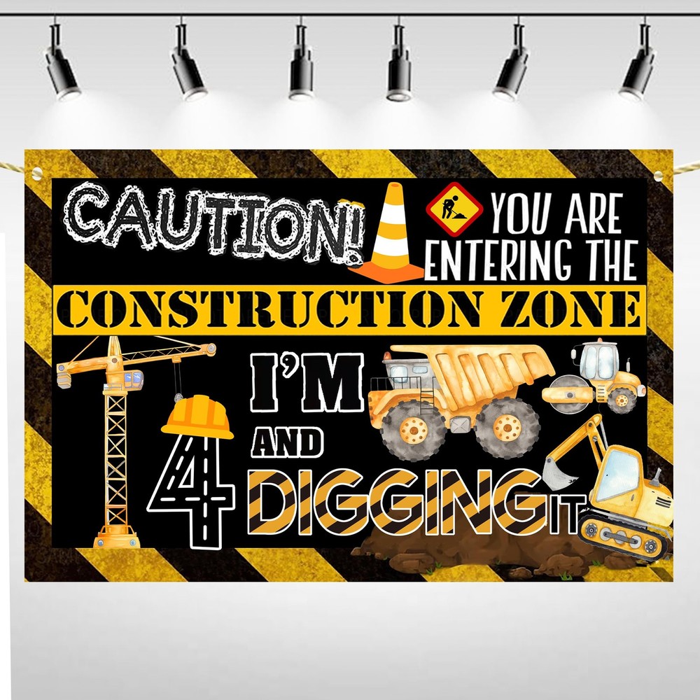 Construction 4th Birthday Banner Decorations for Boys, Dump Truck 4th Birthda