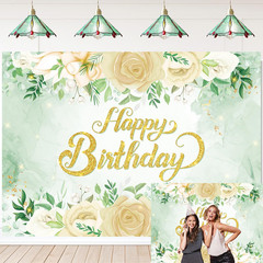 Greenery Happy Birthday Backdrop 8X6FT Sage Green Glitter Gold Eucalyptus Leaves