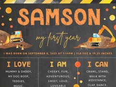 Printable First Birthday Construction Milestone Board Digger Themed 1st Party