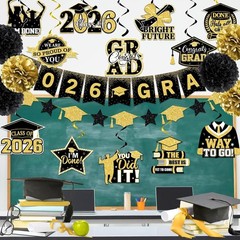 Black and Gold Graduation Decorations, 2026 Grad Banner and Congrats Grad Han…