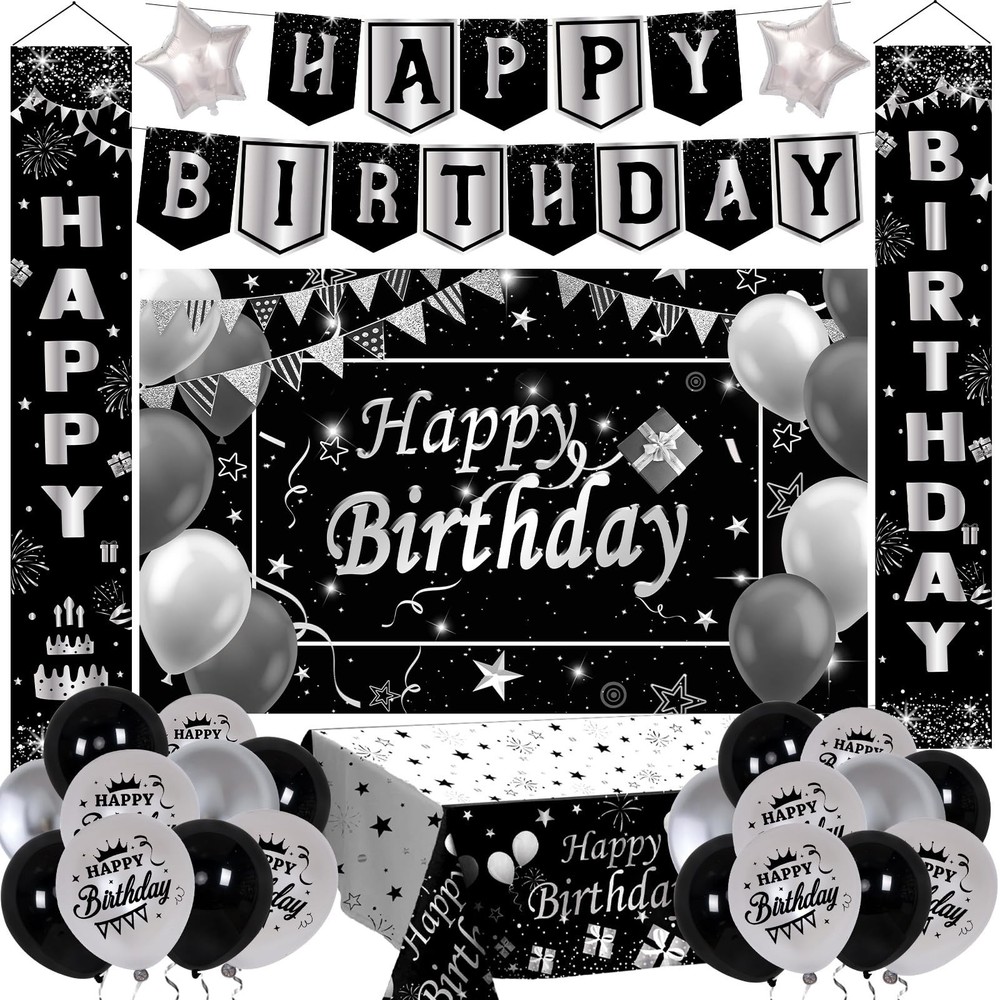 Silver and Black Birthday Decorations for Men Women Boys Girls 80 PCS White Blac