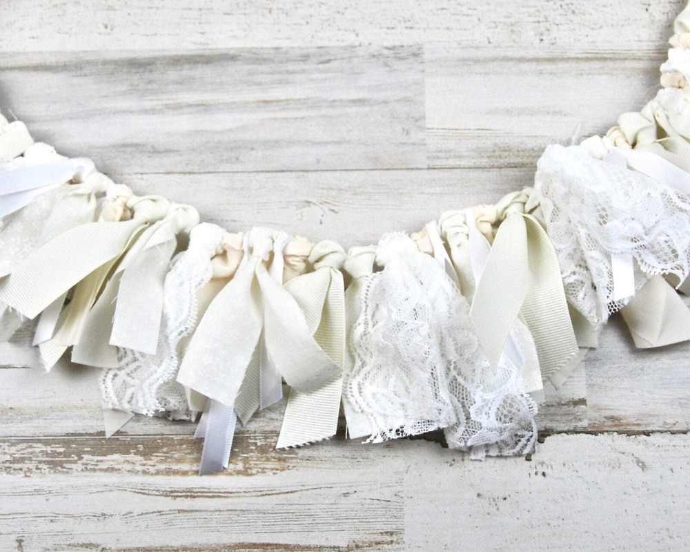 Ivory shabby farmhouse chic handmade miniature fabric rag tie banner