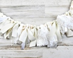 Ivory shabby farmhouse chic handmade miniature fabric rag tie banner