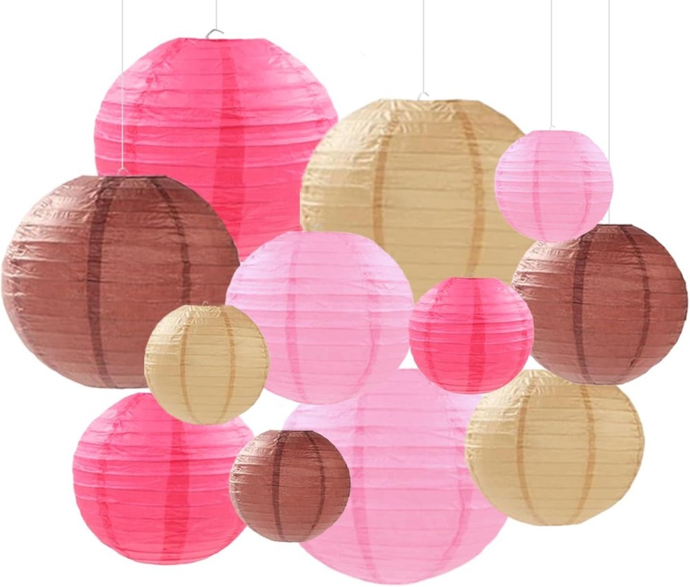Pink Brown Paper Lanterns Decorative 12pcs Party Hot Pink,pink,coffee,brown