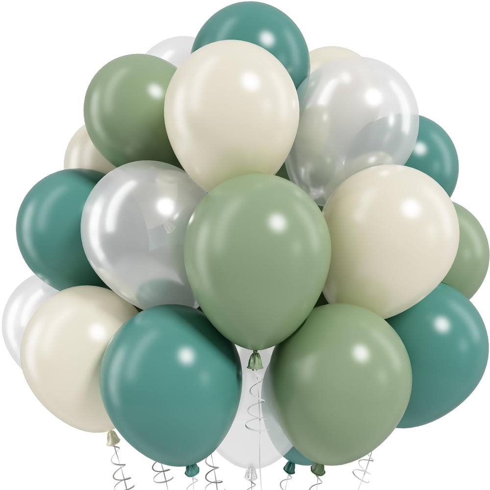 Sage Green and White Balloons, Neutral Dusty Olive Green White Beige Cream Cl…