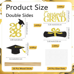 16 Pcs Black Gold Graduation Centerpiece Sticks, Double-Sided Graduation Decorat
