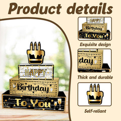 4Pcs Birthday Table Centerpiece, Happy Birthday Wooden Blocks Plaque, Black Gold