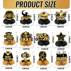 12 PCS Black Gold Class Of 2026 Graduation Centerpieces Table Decorations