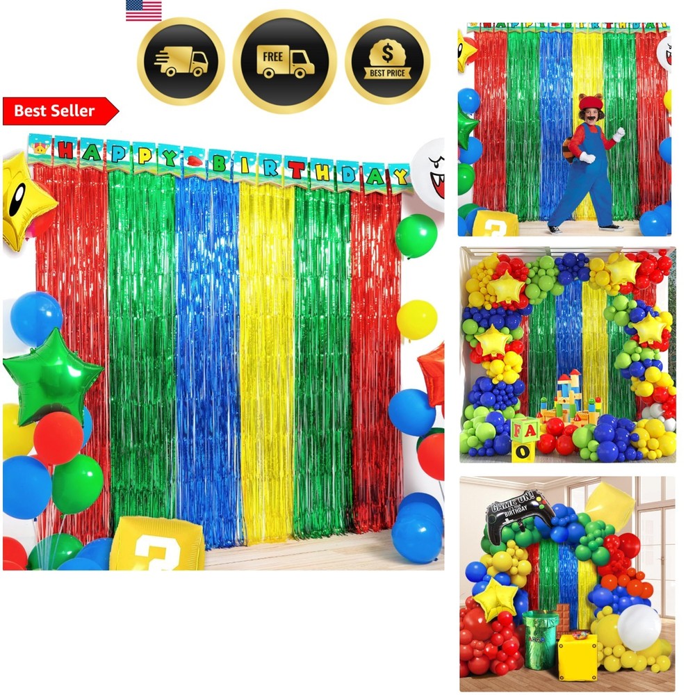 Super Bros Birthday Party Decor Foil Fringe Curtains Streamers Photo Backdrop…