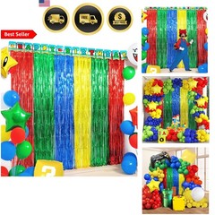 Super Bros Birthday Party Decor Foil Fringe Curtains Streamers Photo Backdrop…