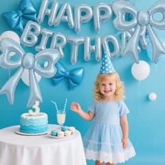 Blue Happy Birthday Balloons, 31”Huge Light Blue Bow Aluminum Blue Birthday