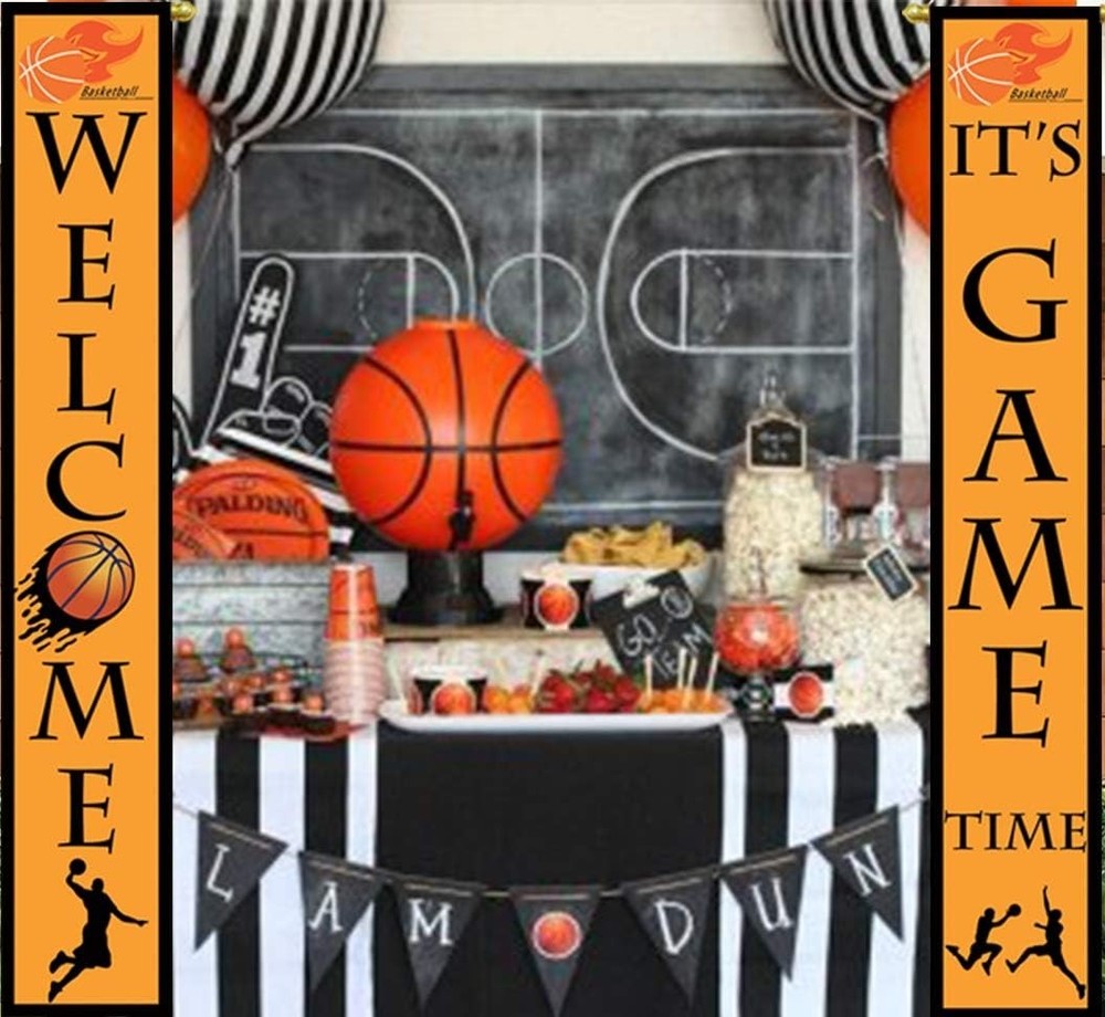 Basketball Welcome Game Time Hanging Banner Porch Sign – 2-Piece – 72″L x 12″W