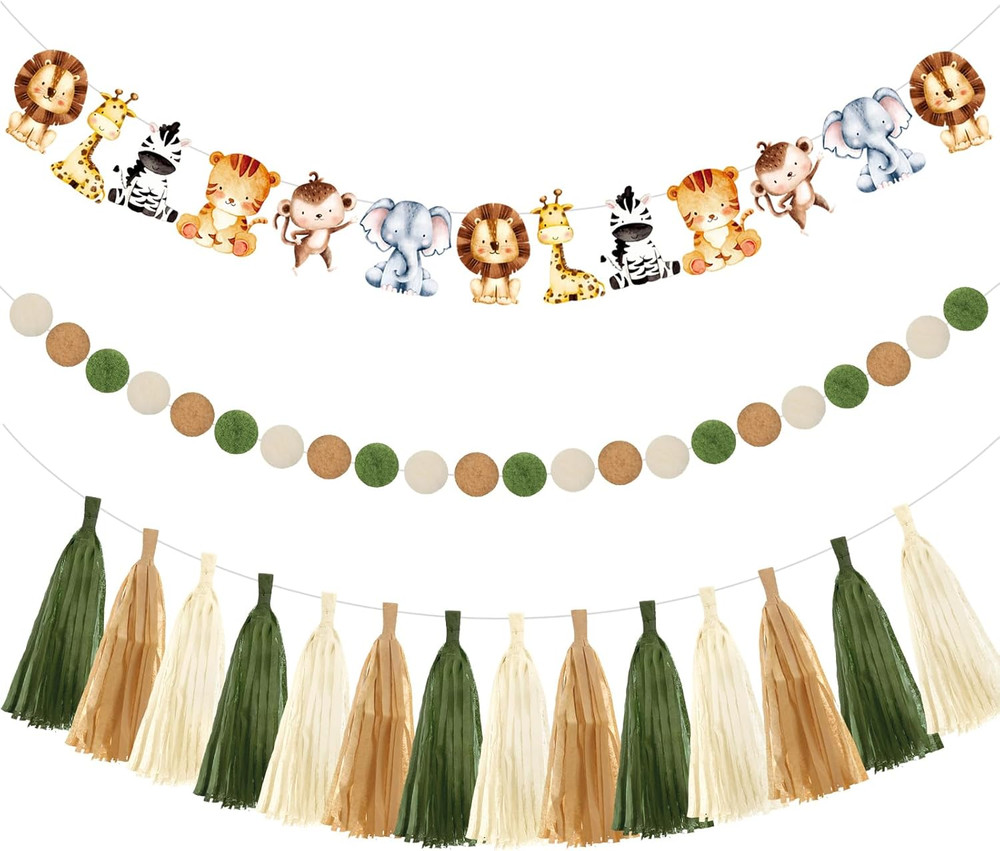 3 Pcs Jungle Safari Animal Banners Wild Animal Birthday Party Decorations Woodla