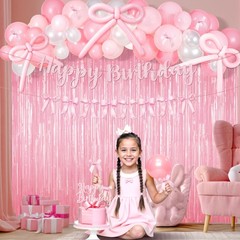 Pink Bow Birthday Decorations 92pcs Coquette Birthday Decor with Happy Birthd…