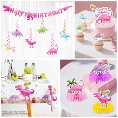 cocomigo 181pcs Pink Dinosaur Birthday Decorations Tableware Set, Watercolor …