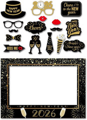 Glitter Happy New Year’s Eve 2026 Party Photo Booth Props Supplies with Photo Fr