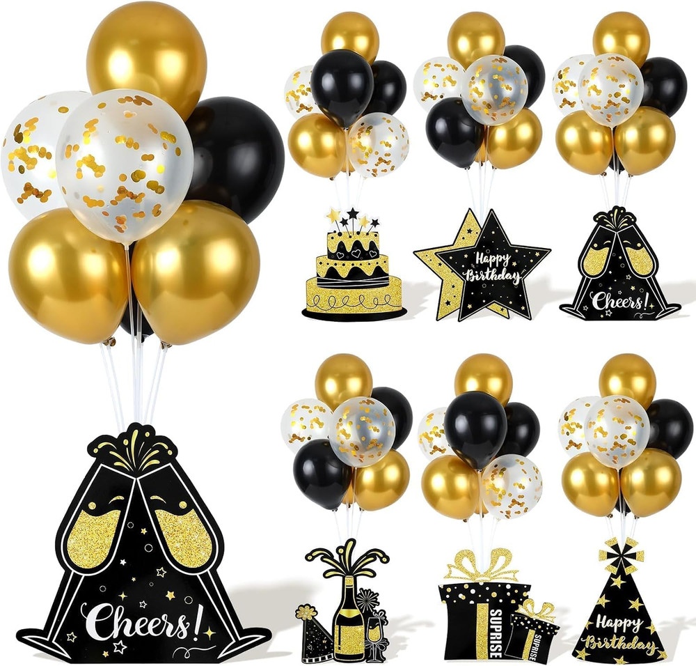 6 Sets Birthday Balloon Stand Kit for Table Happy Birthday Black Gold Balloon Ce