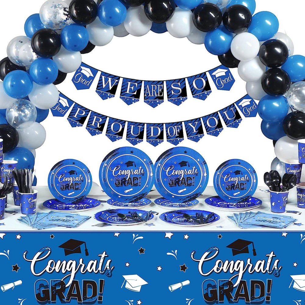 202 Pieces Congrats Grad Party Supplies serves 24 blue black white