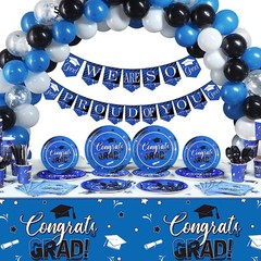 202 Pieces Congrats Grad Party Supplies serves 24 blue black white