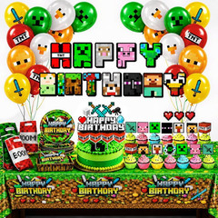 Pixel Birthday Party Decorations, Party Supplies Set Including Banner Tableware
