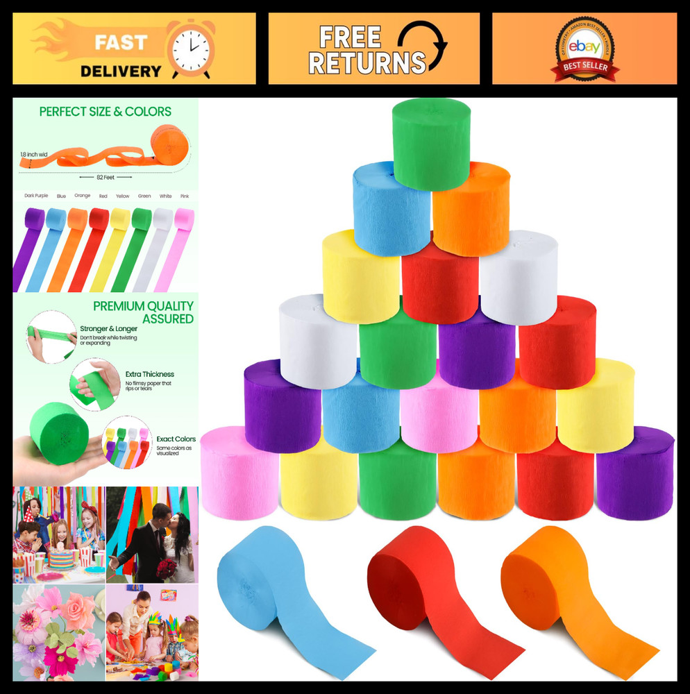 72 Rolls Crepe Paper Streamers – 8 Colors Rainbow Party Decorations for Birthday