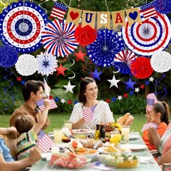 4th of July Decorations 26 PCS Red White Blue Paper Fans Banner Swirls