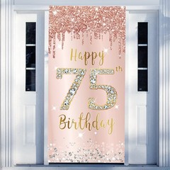 75th Birthday Decorations Door Banner 72.8 x 35.4 inches, Pink Rose Gold