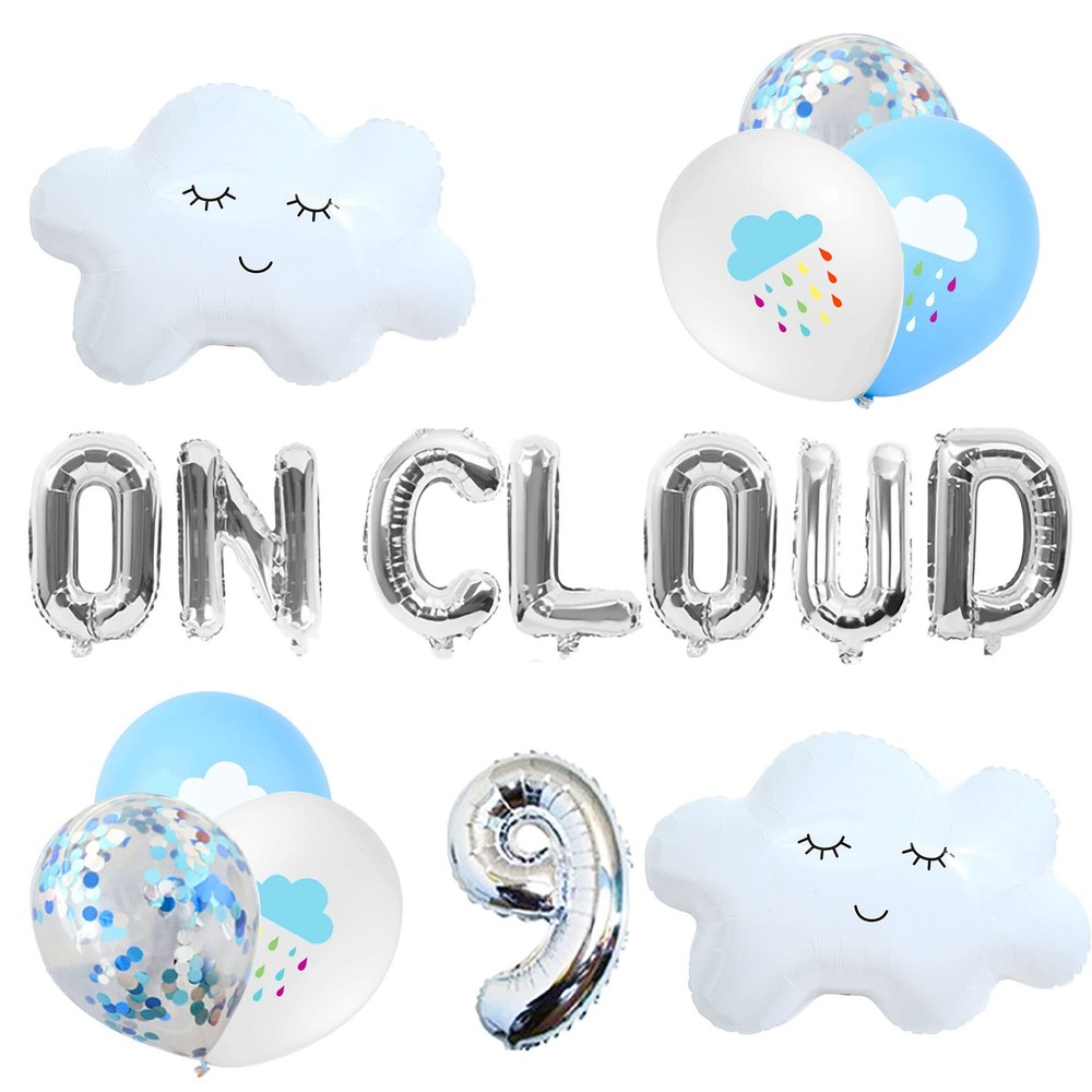 13 PCS Silver On Cloud 9 Balloons 9th Birthday Decoration Nine Years Old Birt…