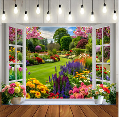 Flowers Spring Garden Window Photography Backdrop Birthday Background Banner