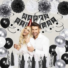 Black Silver White Birthday Decor Set Balloons Banner Garland Party Supplies New