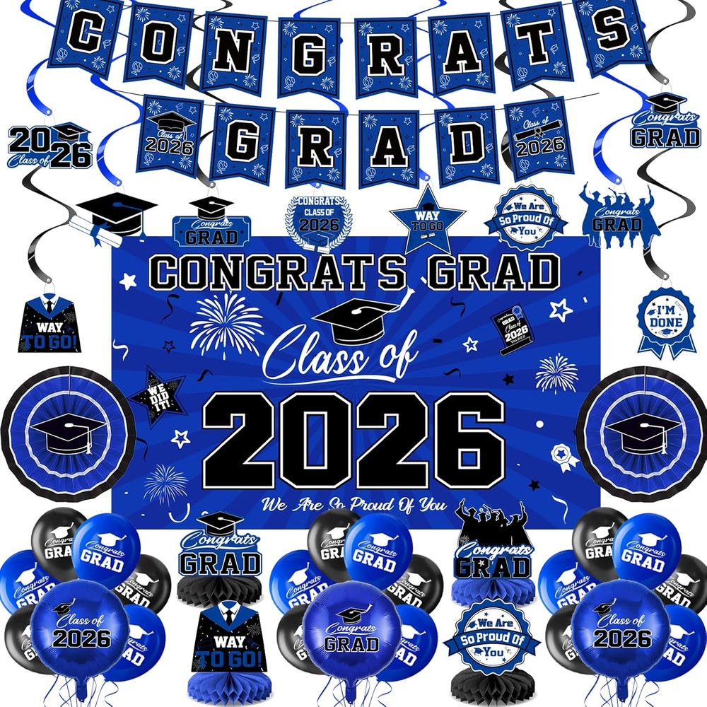 2026 Graduation Party Decorations Blue and Black Class Banner Balloon Kit
