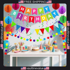 Fecedy Happy Birthday Banner With Colorful Paper Flag Bunting Paper Circle