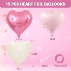 Pink and White Balloons – Pack of 15 – Heart Shaped Foil Balloons for Valenti