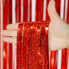 Red Tinsel Foil Fringe Curtains – 2 Pack Party Backdrop 3.2×8 ft
