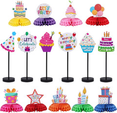 15 Pcs Birthday Table Centerpieces Set – Colorful Honeycomb Balls & Wooden Table
