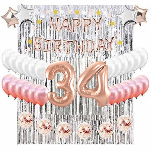 34th Birthday Complete Rose Gold & Silver Balloon Party Decoration Supplies
