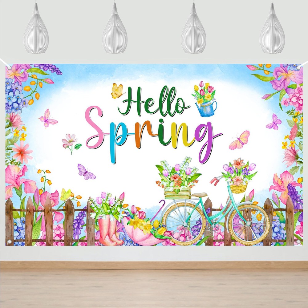 Hello Spring Banner Photo Backdrop 6 x 3.6 ft Colorful Floral Easter Holiday Par