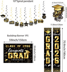 Graduation Decorations 2026 Set Black Gold Banner Backdrop Balloon Kit Swirls