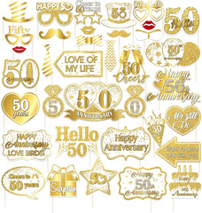 36Pcs 50Th Wedding Anniversary Photo Booth Props, White Gold Decorations, Happy