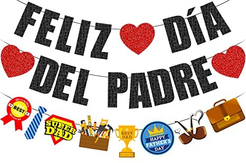 Feliz Día Del Padre Banner, Black Glitter Happy Father’s Day Decorations,