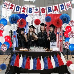 Graduations Decorations 2026 Red and Blue Class of 2026 Banner Paper Pompoms, Pa