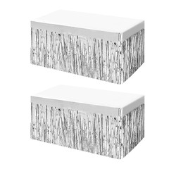 2 Pack Metallic Foil Fringe Tinsel Table Skirts for Rectangle Tables Hotel