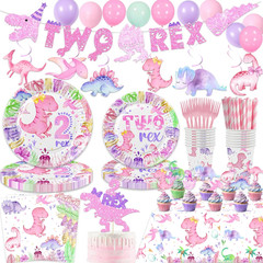 211 Pcs Dinosaur 2Nd Birthday Party Supplies, Girl Dino Two Rex Birthday Decorat