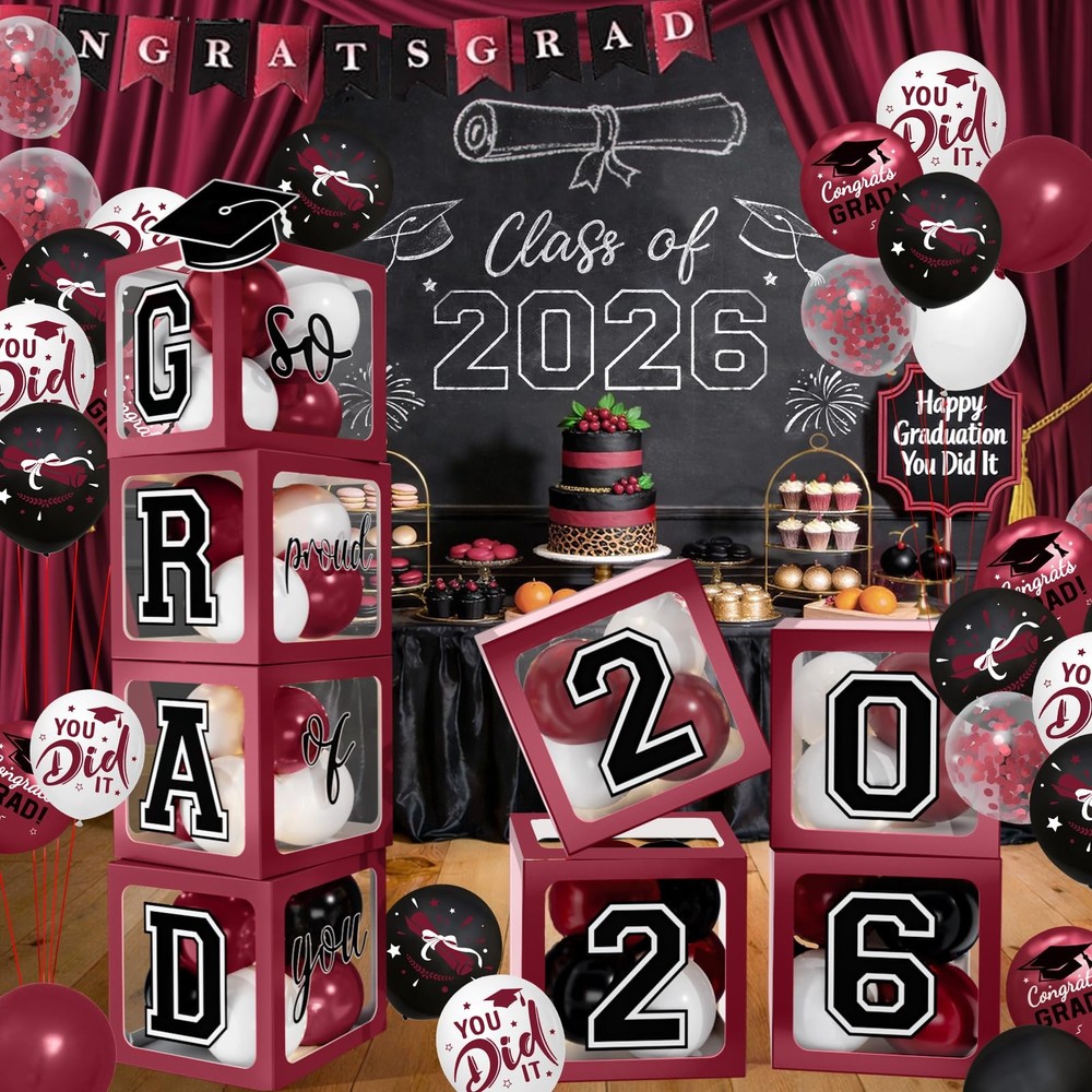 2026 Graduation Decorations – Maroon Balloon Boxes with Letters 2026 Grad & S…